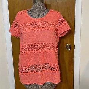 Kim Rodgers Womens XL Coral Short Sleeve Knit Overlay Blouse